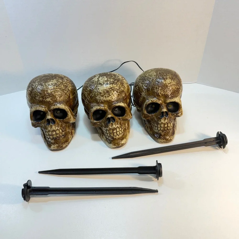 Magic Power Co Skull Lawn Stakes Halloween Decor Light Sound Set Of 3 Spooky